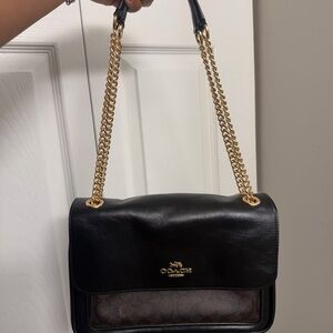 Coach Black and Brown Shoulder Bag with Gold Chain